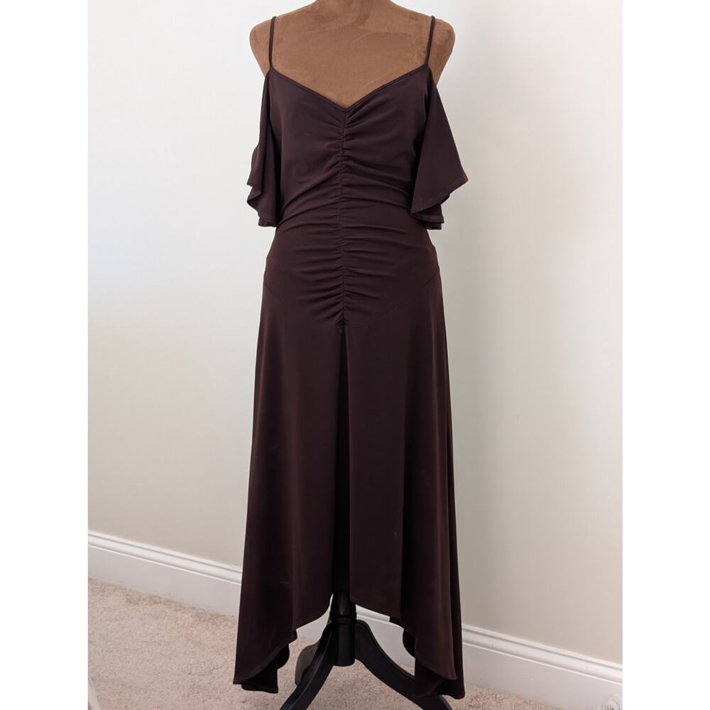 Vintage 90s Laundry by Shelli Segal Brown Ruched Cold Shoulder Midi - 8 - Picture 2 of 10